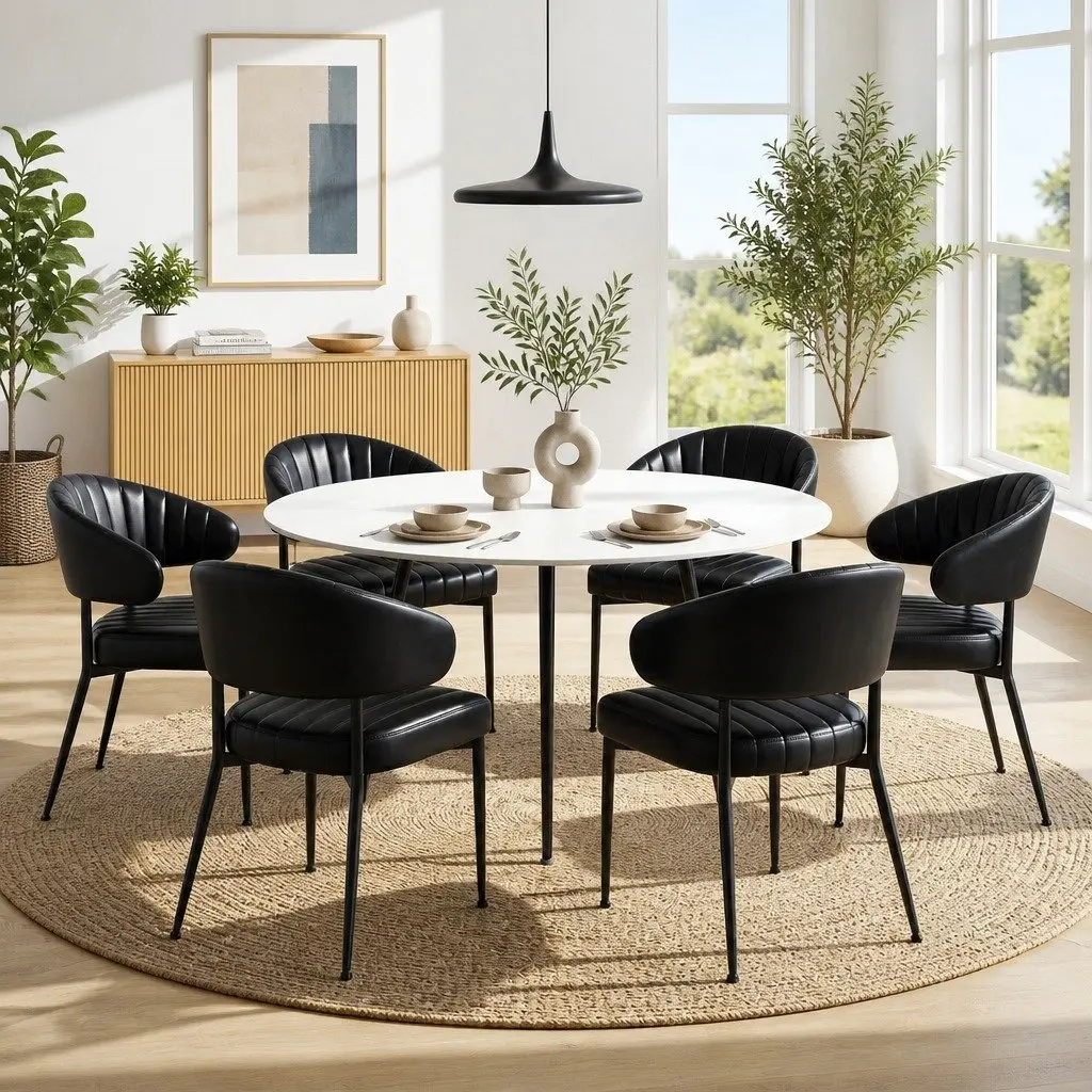 Dining Chairs Padded Cushion Set of 6 Black Leather Kitchen Armchair