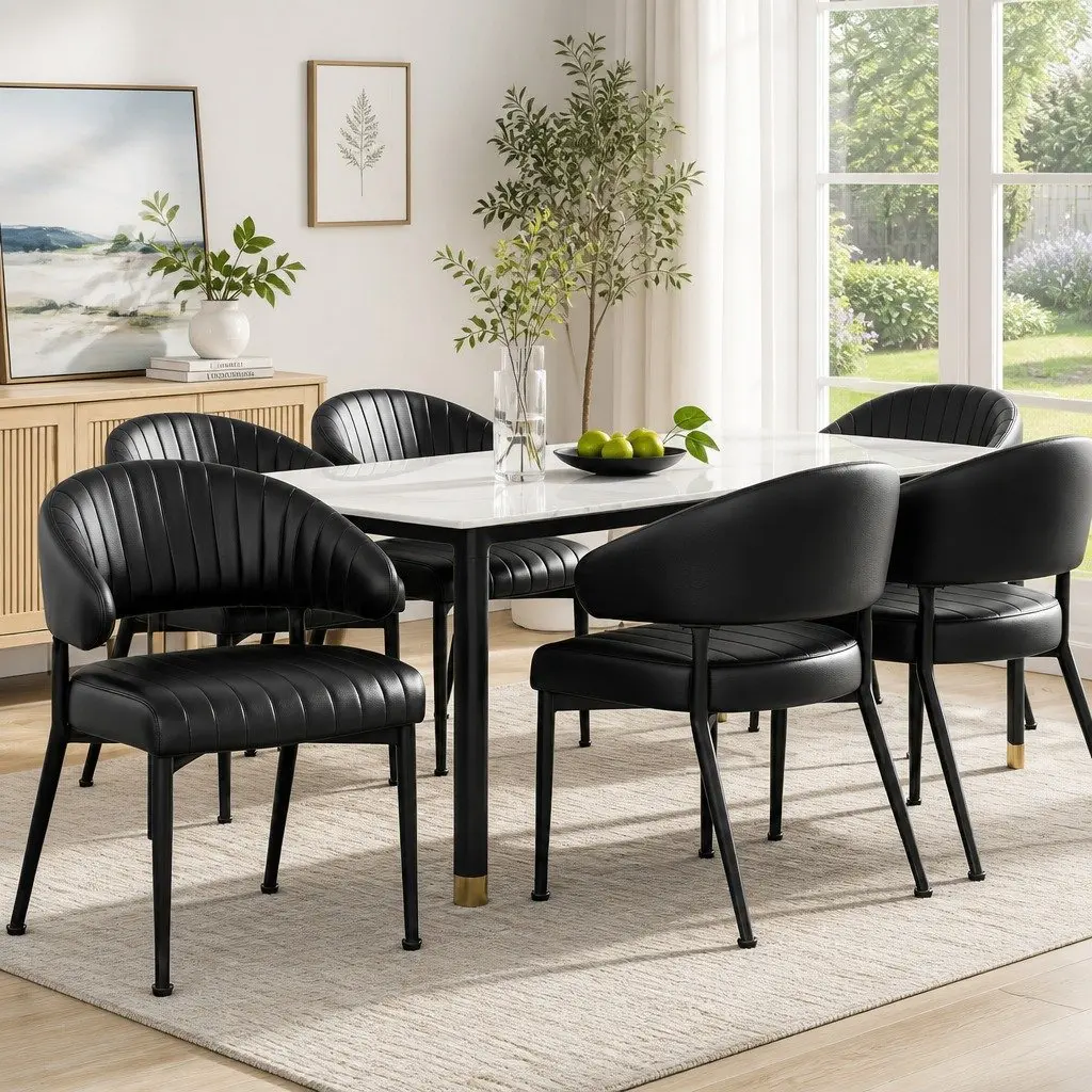 Dining Chairs Padded Cushion Set of 6 Black Leather Kitchen Armchair