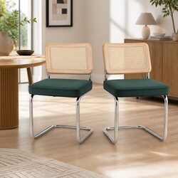 Modern Green Velvet Rattan Cantilever Dining Chairs - Set of 2