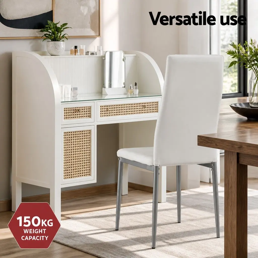 Dining Chairs Comfort Tall Backrest Channel Tufted PVC Seat Set of 4 White Grey