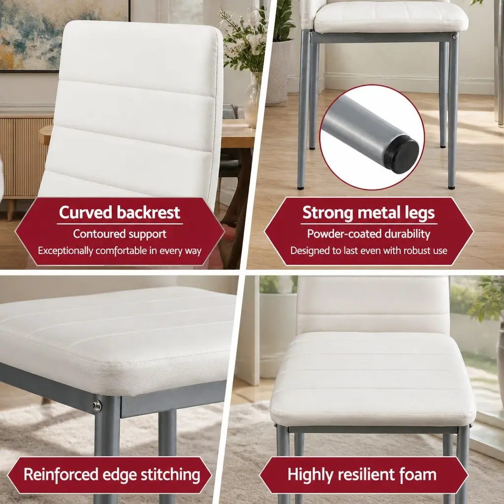 Dining Chairs Comfort Tall Backrest Channel Tufted PVC Seat Set of 4 White Grey