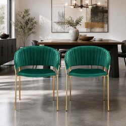 Modern Set of 2 Green Velvet Dining Chairs with Metal Base