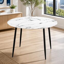 Round Dining Table with White Marble Effect Finish
