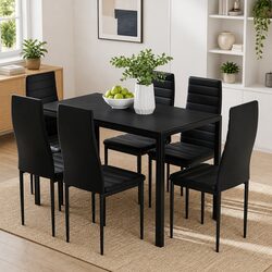 7 Piece Dining Set with Rectangular Black Table and Chairs