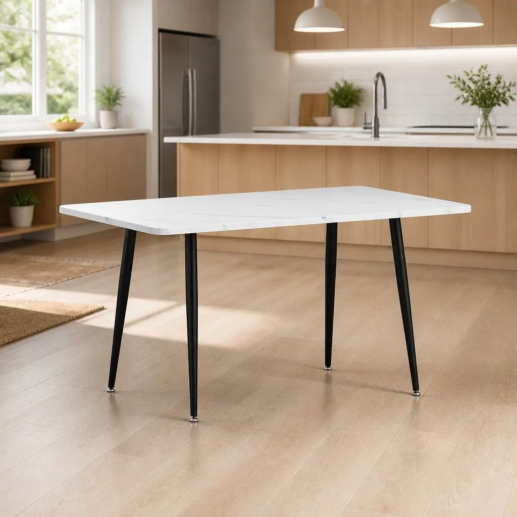 Dining Table Marble Effect Sturdy Metal Legs Seats 4-6 People 1.5M White Grey
