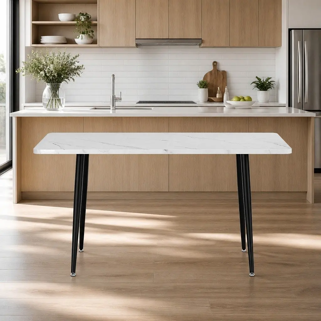 Dining Table Marble Effect Sturdy Metal Legs Seats 4-6 People 1.5M White Grey