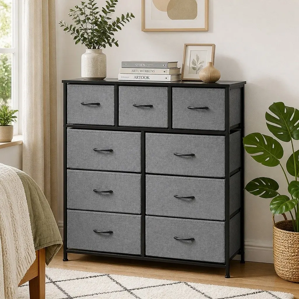 Chest of Drawers Modern Storage Tallboy Compact Grey 9 Drawer Bedroom Furniture