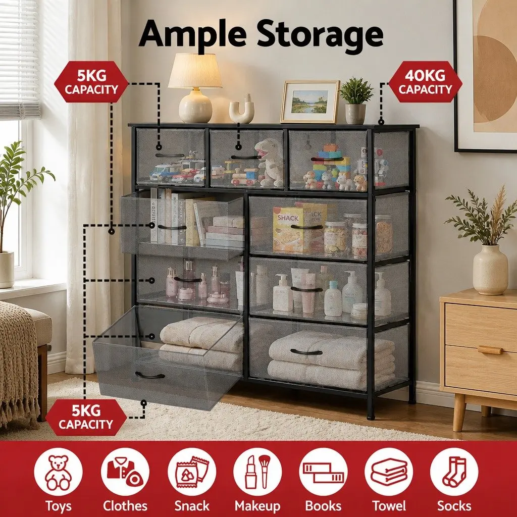 Chest of Drawers Modern Storage Tallboy Compact Grey 9 Drawer Bedroom Furniture