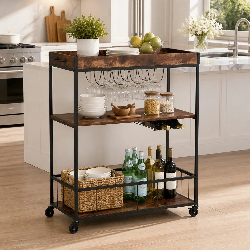 Kitchen Trolley Mobile Rolling Cart Three-Tier Storage Walnut