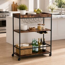Three-Tier Walnut Rolling Kitchen Island Serving Cart