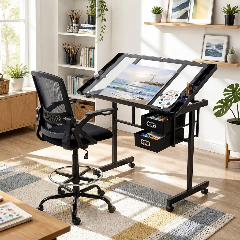 Drawing Table Ergonomic Office Chair Adjustable Size Tempered Glass Desktop Silver Black