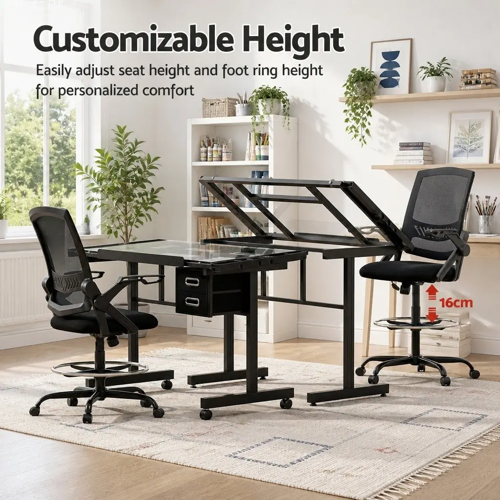 Drawing Table Ergonomic Office Chair Adjustable Size Tempered Glass Desktop Silver Black