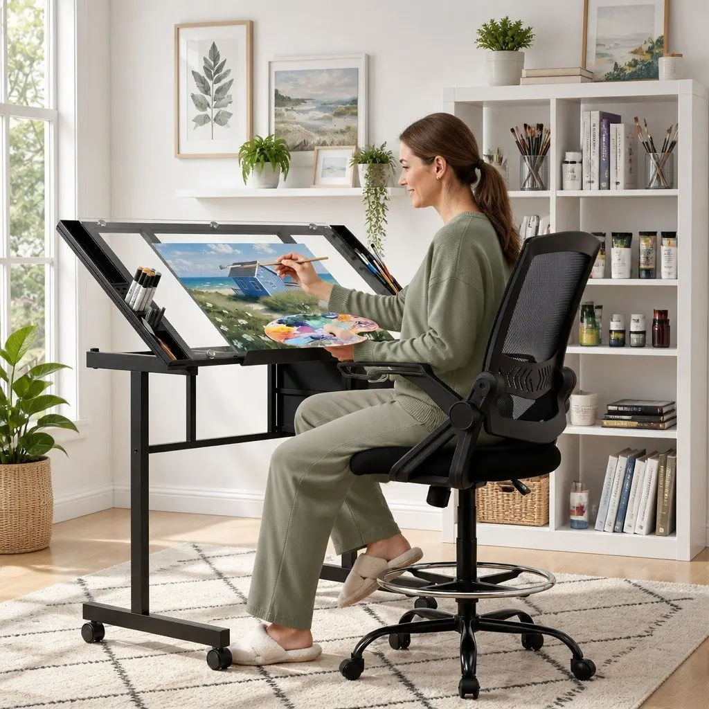 Drawing Table Ergonomic Office Chair Adjustable Size Tempered Glass Desktop Silver Black