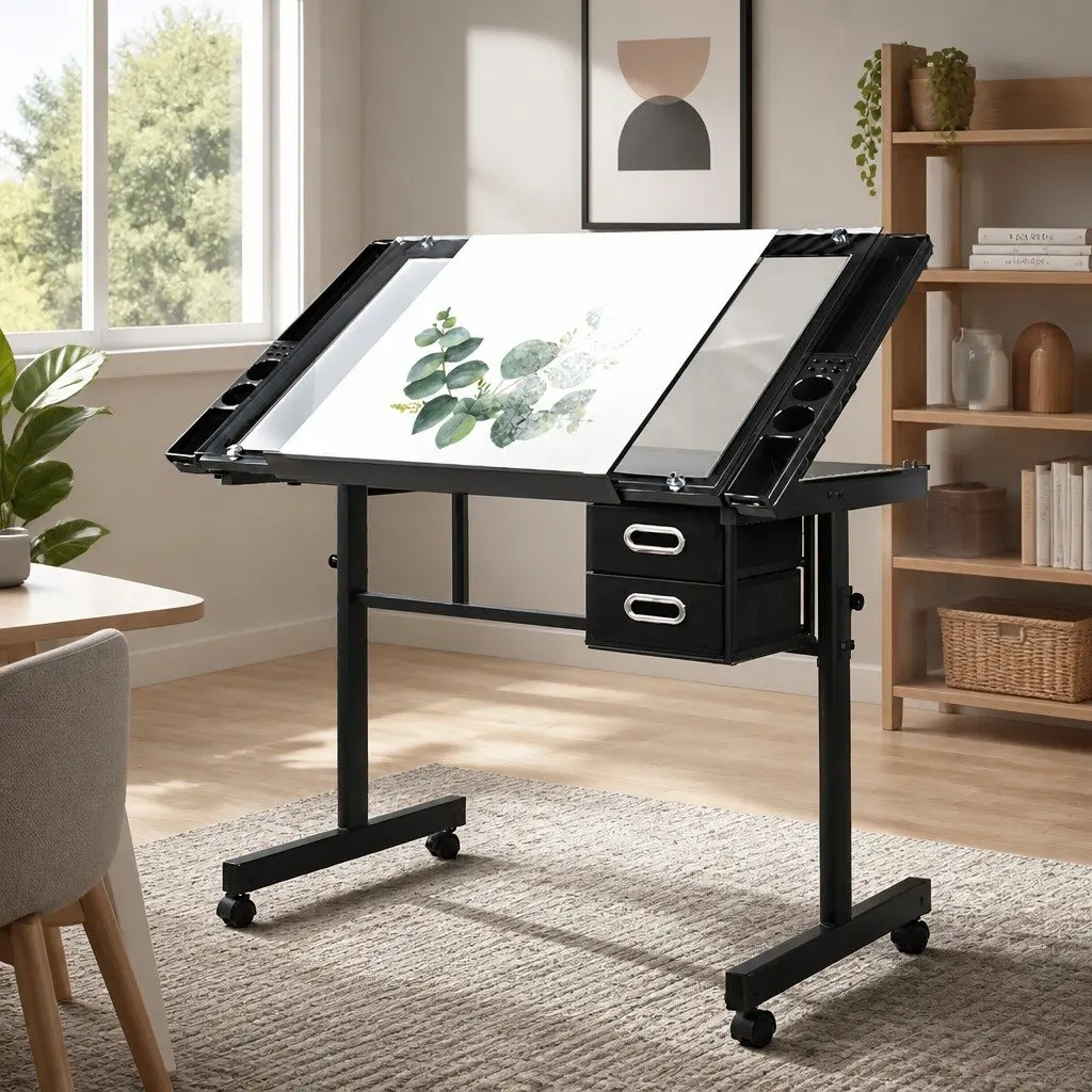 Drawing Desk Adjustable Tempered Glass Top with Storage Trays Black Frame Grey