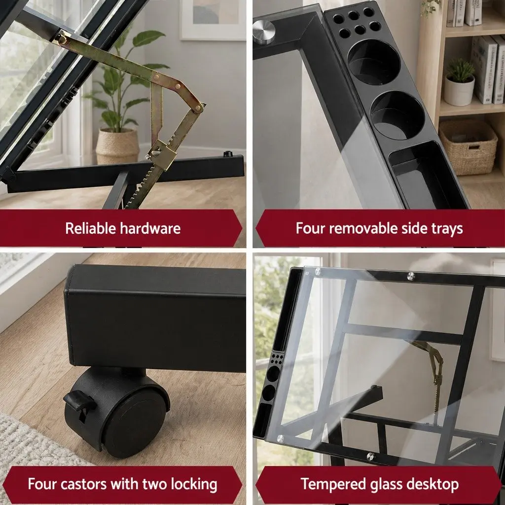 Drawing Desk Adjustable Tempered Glass Top with Storage Trays Black Frame Grey
