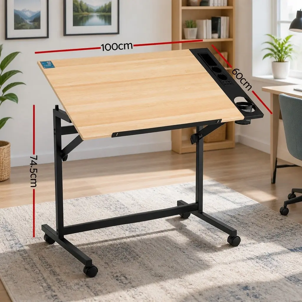 Drafting Table Adjustable Angle Oak MDF Art Craft Workstation with Removable Tray