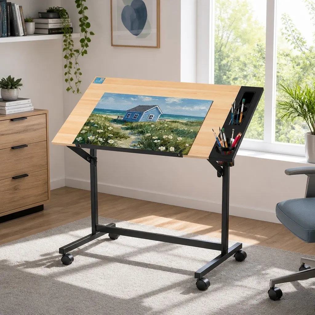 Drafting Table Adjustable Angle Oak MDF Art Craft Workstation with Removable Tray