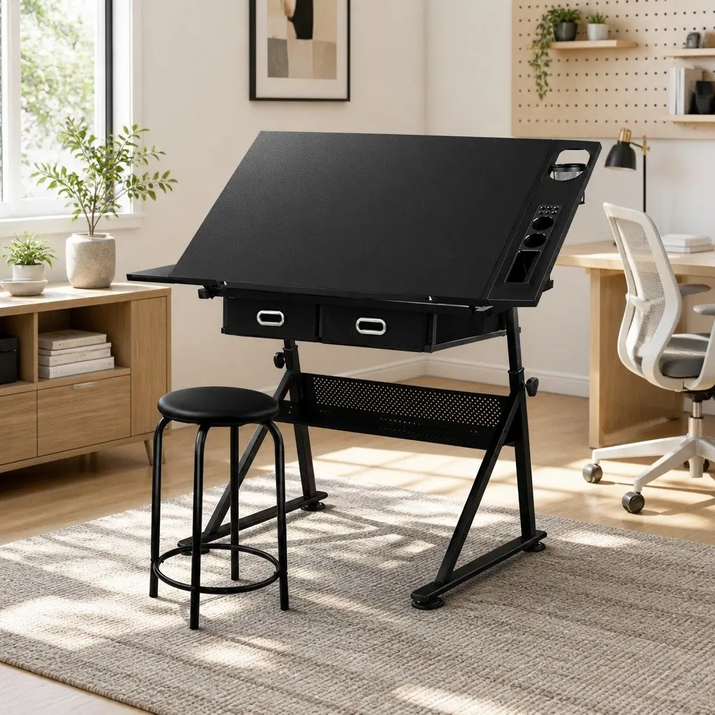 Drawing Desk Stool Set Adjustable Height Tilt Black