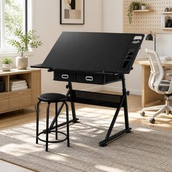 Adjustable Drafting Table and Stool Set in Black