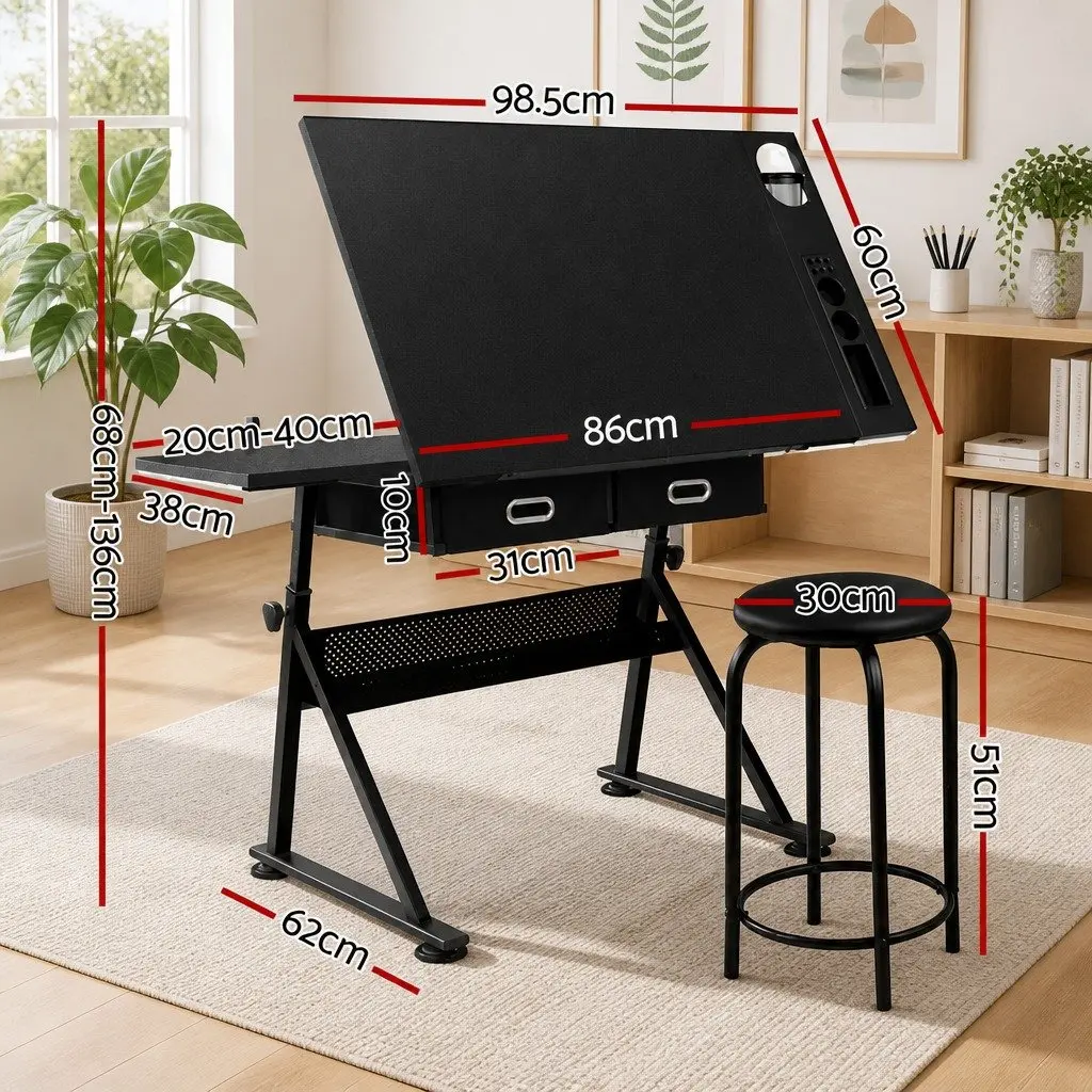 Drawing Desk Stool Set Adjustable Height Tilt Black