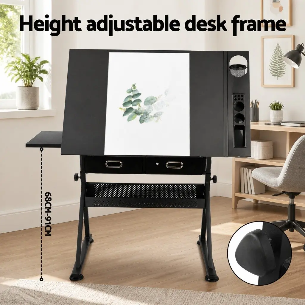 Drawing Desk Stool Set Adjustable Height Tilt Black