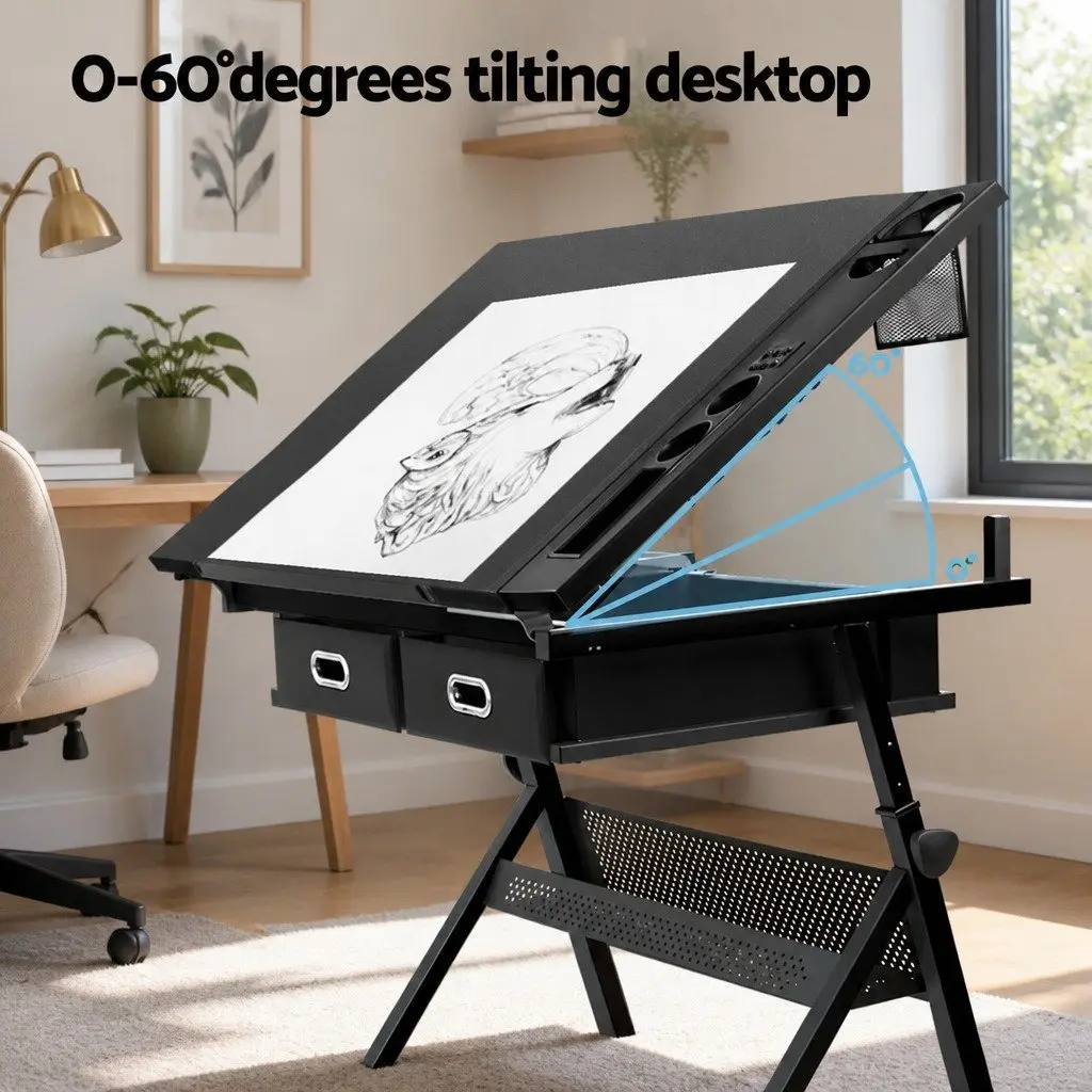 Drawing Desk Stool Set Adjustable Height Tilt Black