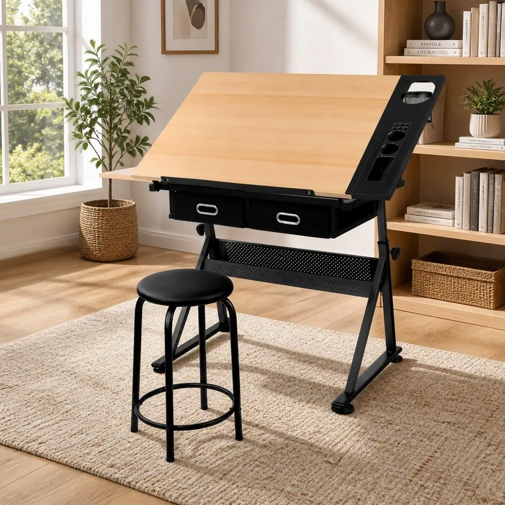 Drafting Table Drawing Desk Adjustable Tilt Top Natural Black Stool Set
