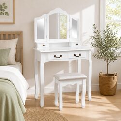 Modern White Dressing Table Set with Foldable Mirrors