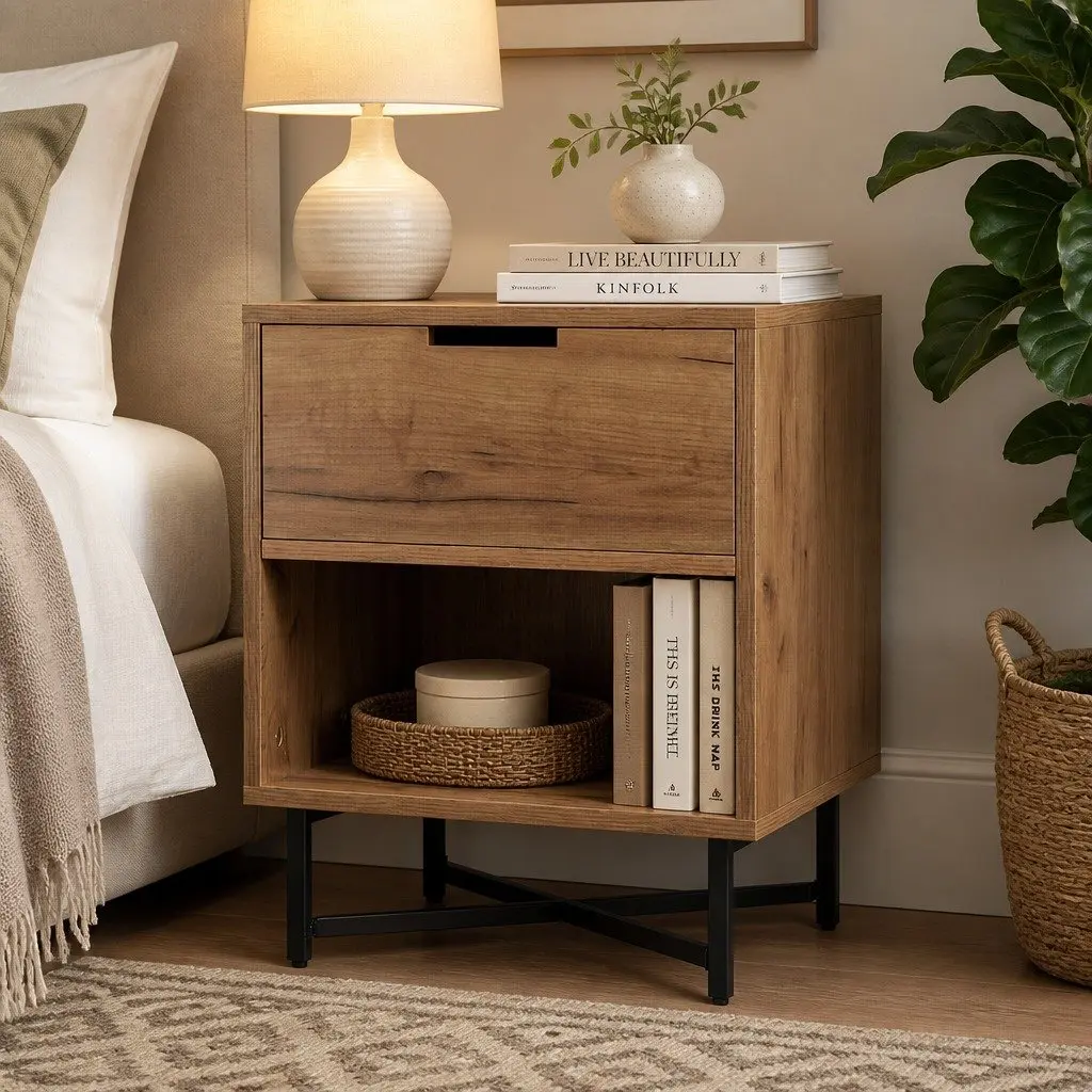 Bedside Table with Drawers Side Table Shelf Storage Nightstand Rustic Oak