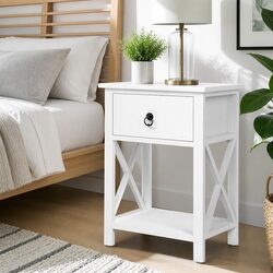 White Rustic Nightstand with Storage Drawer and Shelf