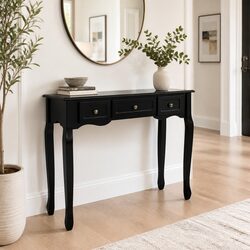 Black Console Table with 3 Drawers and Curved Design