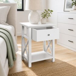 White Nightstand with Drawer and Shelf for Versatile Use