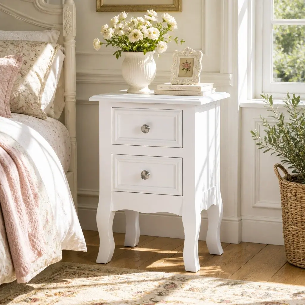 Bedside Table Vintage Style Two Drawers White Curved Legs