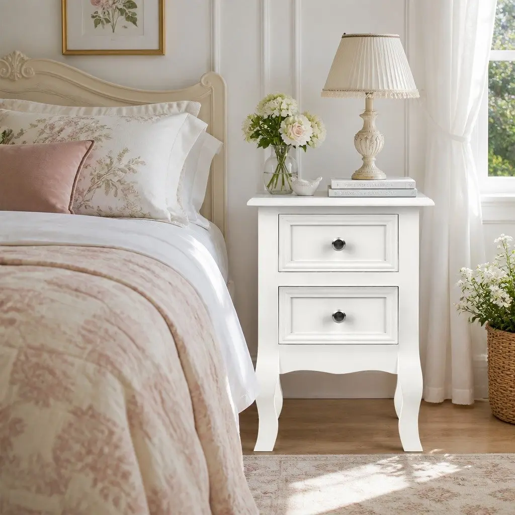 Bedside Table Vintage Style Two Drawers White Curved Legs