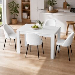 5-Piece Dining Table Set with White Finish and Sherpa Chairs