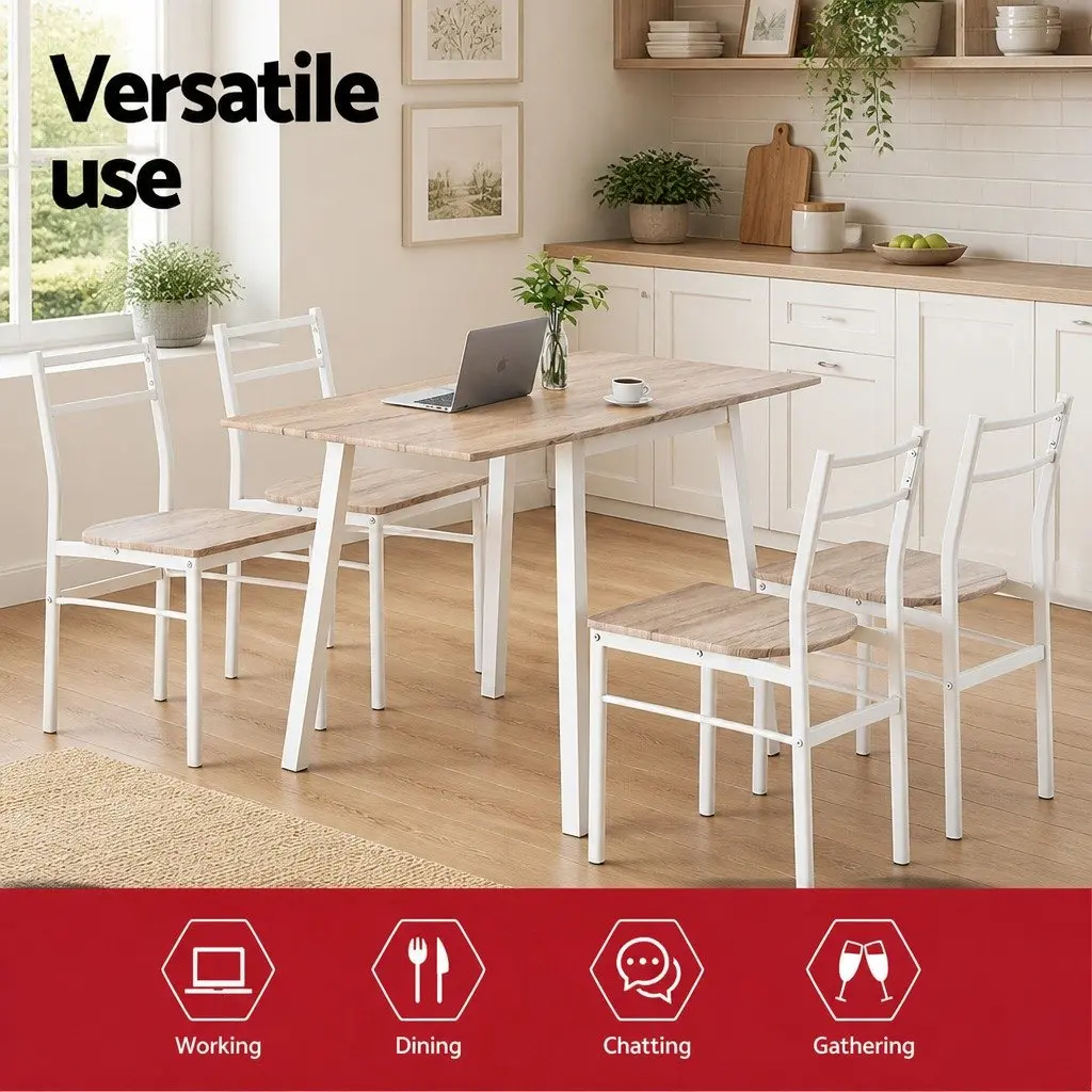 Dining Set Space-Saving Foldable 5 Piece Natural Wood-Look White Metal Frame
