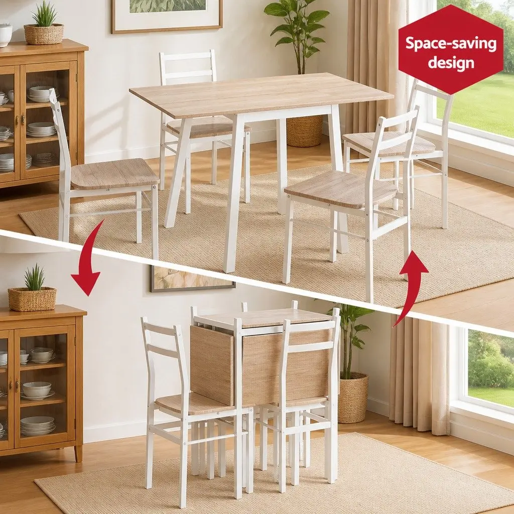 Dining Set Space-Saving Foldable 5 Piece Natural Wood-Look White Metal Frame