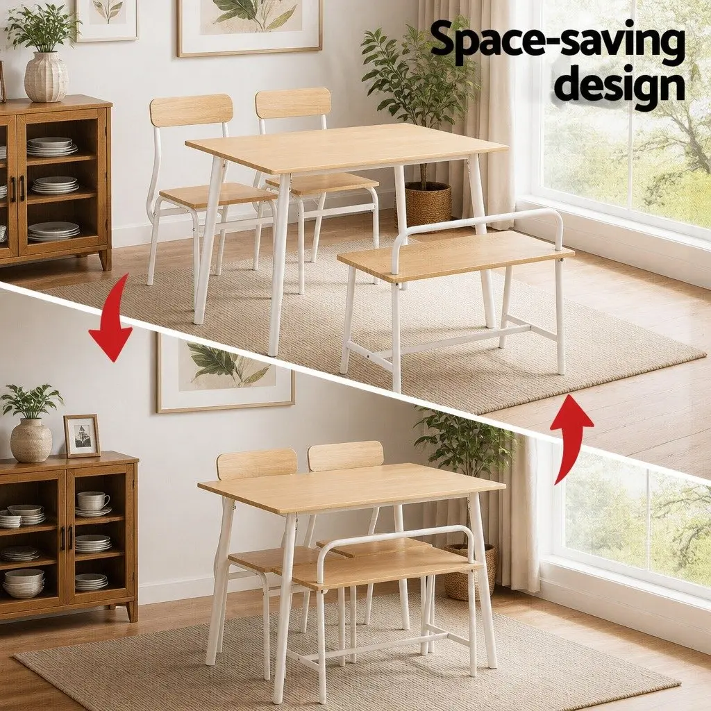 Dining Set Compact Space-Saving Natural Wood Table with White Metal Frame 4 Piece