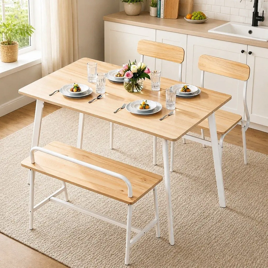 Dining Set Compact Space-Saving Natural Wood Table with White Metal Frame 4 Piece
