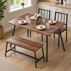 4-Piece Dining Table Set with Bench in Rustic Brown and Black