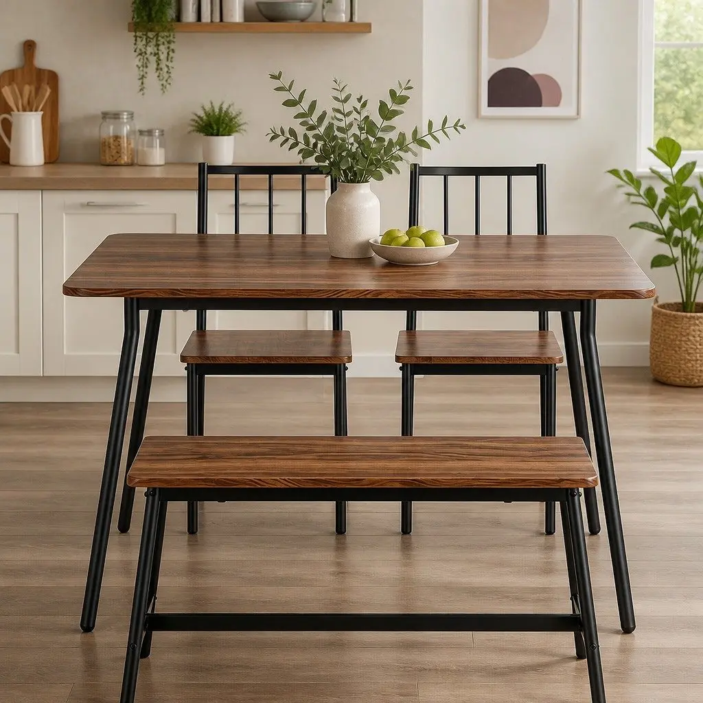 Dining Table and Chairs Set of 4 with Bench Kitchen Furniture Rustic Brown Black