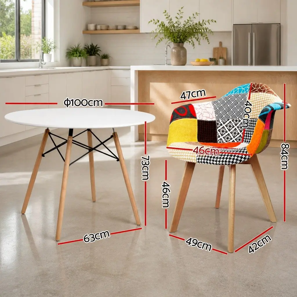Dining Table Round White with 4 Chairs Beech Wood Legs