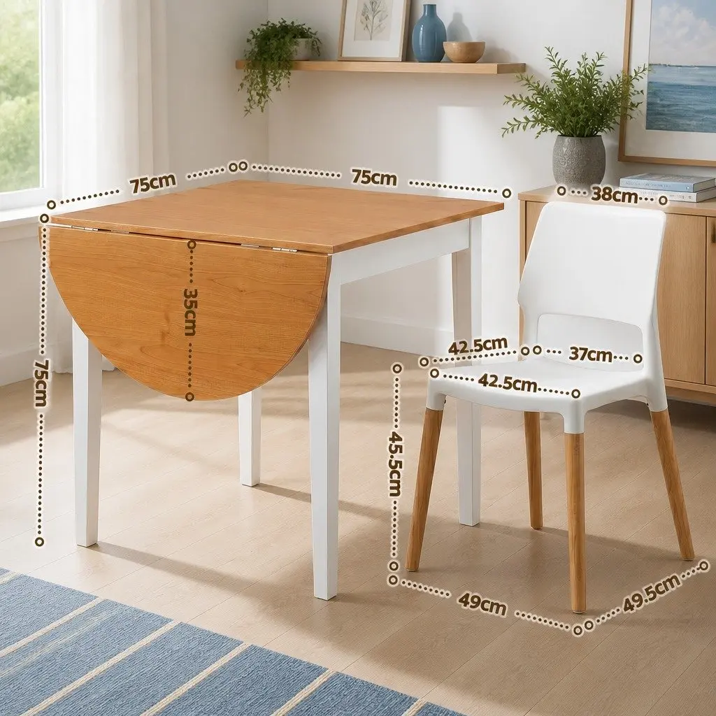 Dining Set Drop-Leaf Compact 75-110cm White and Pine