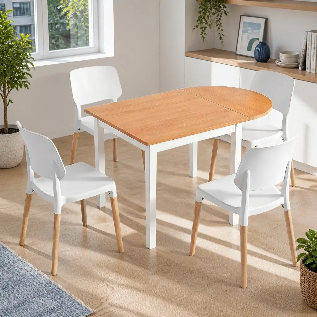 Dining Set Drop-Leaf Compact 75-110cm White and Pine