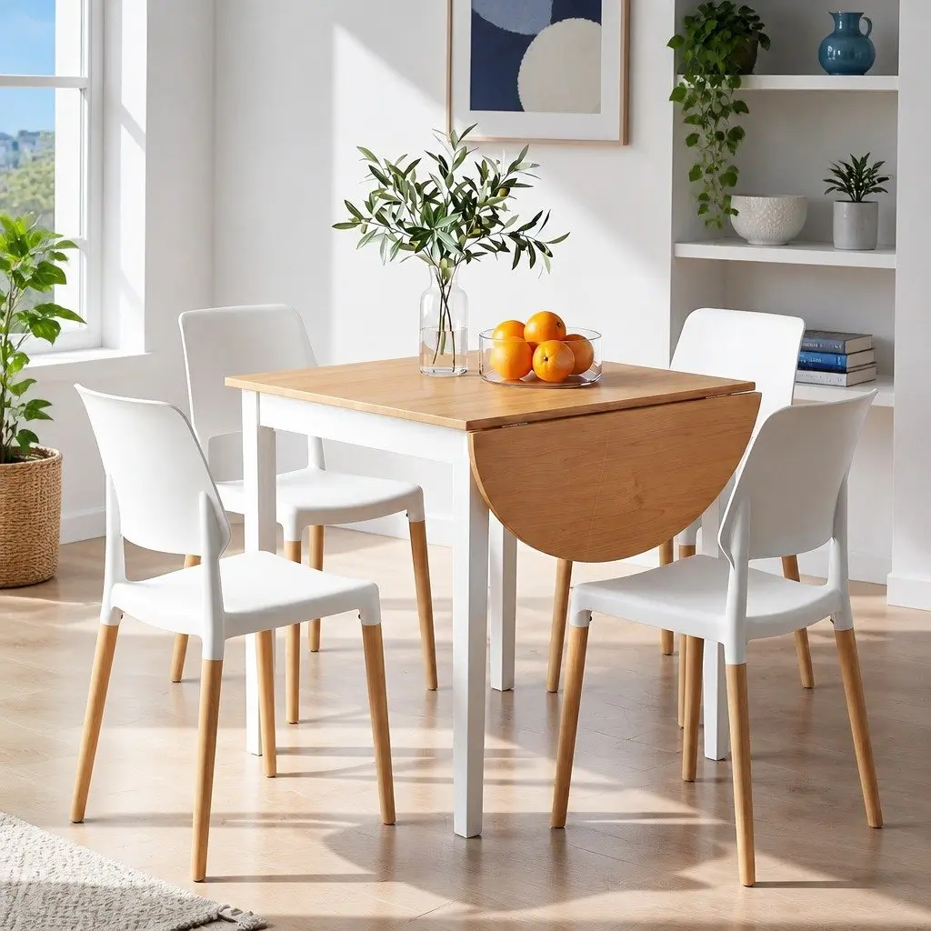 Dining Set Drop-Leaf Compact 75-110cm White and Pine