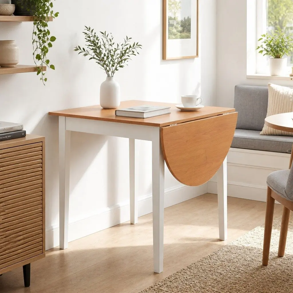 Dining Set Drop-Leaf Compact 75-110cm White and Pine