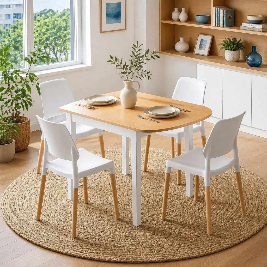 Dining Set Drop-Leaf Compact 75-110cm White and Pine