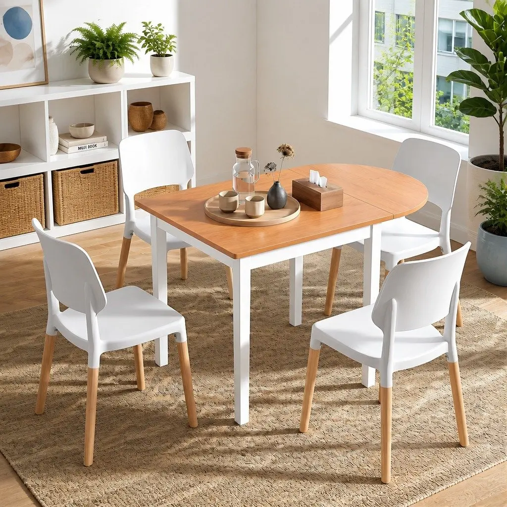 Dining Set Drop-Leaf Compact 75-110cm White and Pine