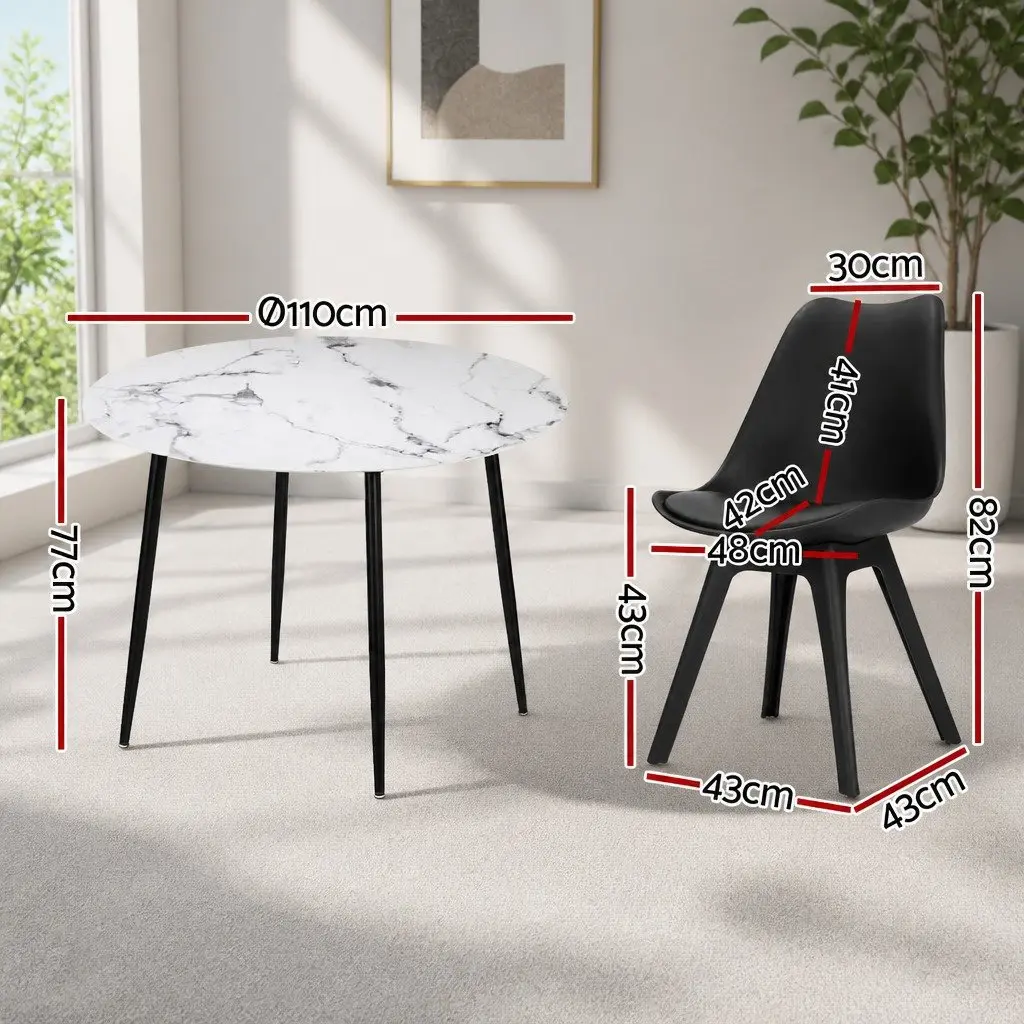 Dining Set Round Marble Table with Padded Chairs 4 Piece Black and White