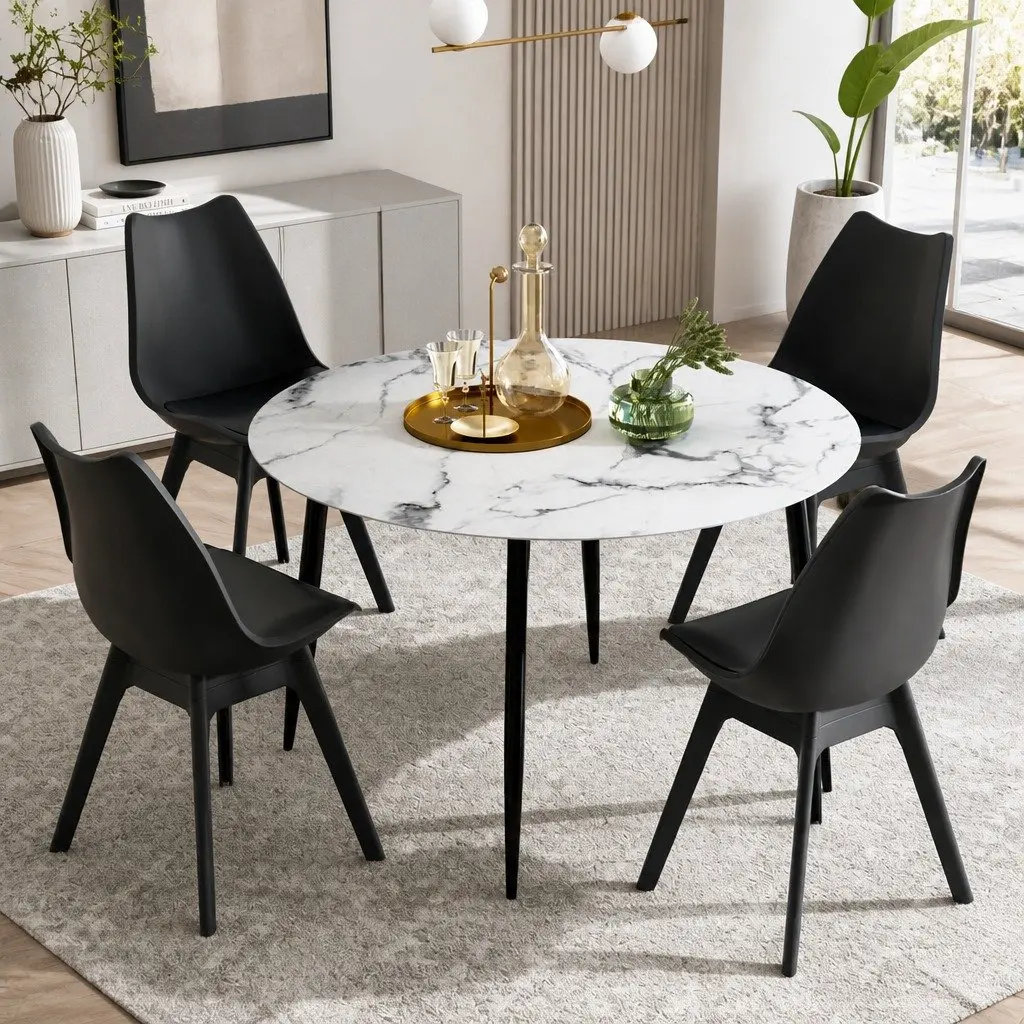 Dining Set Round Marble Table with Padded Chairs 4 Piece Black and White